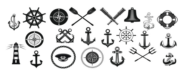 nautical icon set with anchor helm and rope