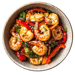 Colorful Shrimp Stir-Fry with Bell Peppers and Sesame Garnish in a Bowl on transparent background