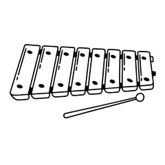 A drawing of a children's musical instrument — a xylophone (or metallophone), and a stick for playing on it.
