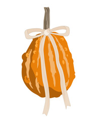Charming autumn pumpkin with a tied pink bow. The concept of an autumn Thanksgiving or Halloween. Vector isolated illustration