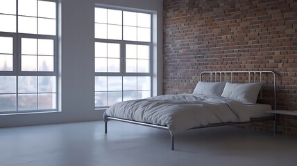 Obraz premium Minimalist Bedroom with Loft Style Exposed Brick Wall Light Industrial Interior Space