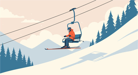 A skier enjoys a scenic ride on a chairlift, ascending a snow-covered mountain in a serene winter landscape with evergreen trees.