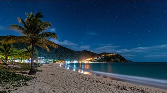 Serene tropical beach at night with sparkling ocean, distant coastal town lights, and a starry sky above silhouetted palm trees