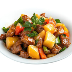 Delicious Sweet and Sour Pork Stir-Fry with Pineapple and Vegetables in a White Bowl on transparent background