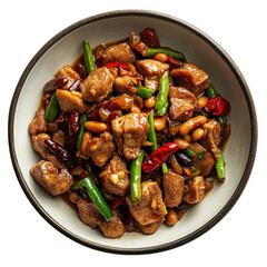 Flavorful Stir-Fried Pork with Vegetables and Peanuts in a Rustic Bowl Setting on transparent background