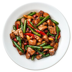 Stir-Fried Beef with Green Beans, Peppers, and Nuts in a White Bowl on transparent background