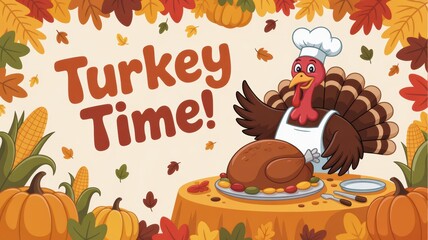 Cartoon thanksgiving scene with turkey chef, roasted turkey, pumpkins and autumn leaves falling