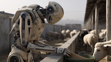 Futuristic robot tending to sheep in a rural farm setting.