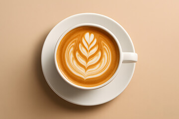 Top view cappuccino with latte art on beige background