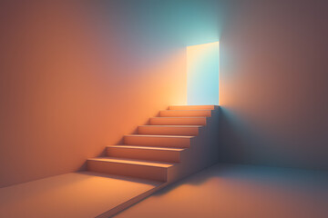 Abstract stairs to glowing doorway with colorful light