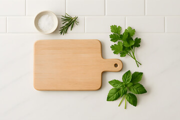 Wooden cutting board with fresh herbs on white kitchen counter