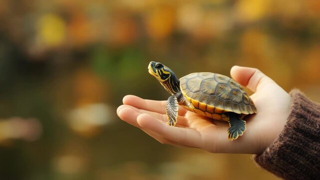 Hand holding small turtle outdoors Focus on Autumn background