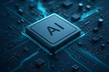 AI processor chip on motherboard with glowing circuits