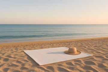Minimal beach scene with towel and straw hat at sunset