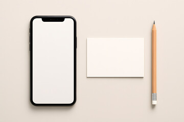 Smartphone mockup with blank business card and pencil flat lay