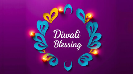 A bright wreath of blue and yellow patterns glows with diyas, radiating festive blessings for Diwali.
