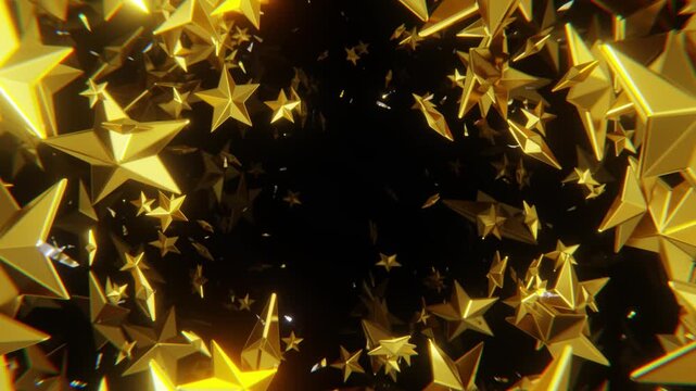 The golden stars are moving towards us. Animation of golden stars with confetti. Shining, night, glowing, sparkling, movement. 3D loop animation video