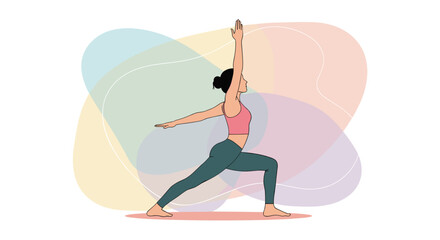A woman practices the Warrior II yoga pose with a colorful background, promoting wellness and balance in a healthy lifestyle.