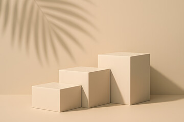 Beige product podium cubes with palm leaf shadow