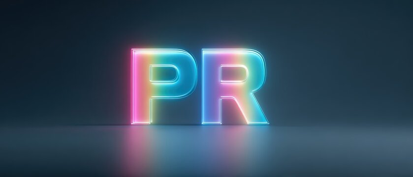 Neon colorful PR letters glowing in vibrant tones against a dark background for creative marketing and branding.