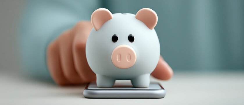 Cute piggy bank sitting on smartphone screen representing modern financial management and saving money habits