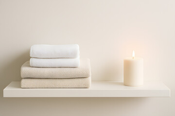 Clean towels and burning candle on shelf spa concept