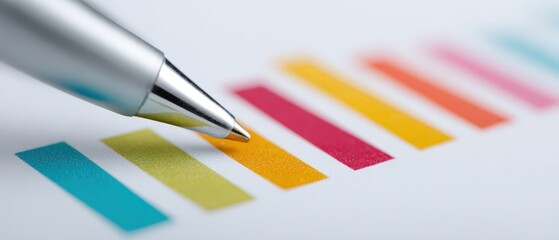 Fototapeta premium Close-Up of Silver Pen Creating Colorful Stripes on White Paper Surface in Artistic Arrangement