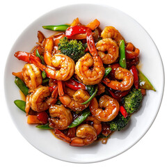 Delicious Shrimp Stir-Fry with Broccoli and Bell Peppers in a Savory Sauce on transparent background