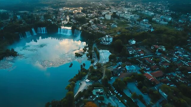 Jajce pliva falls and city at sunset