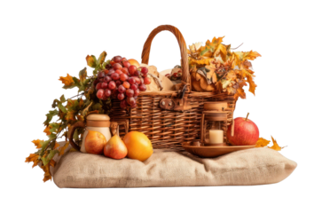 PNG Autumn harvest picnic basket display.