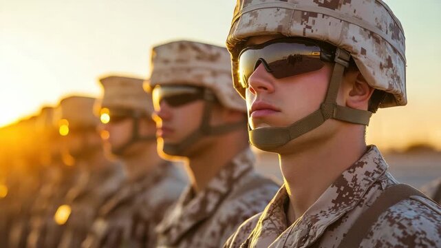 Soldiers in camouflage uniforms wearing sunglasses and helmets stand line at sunset