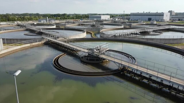 Medium shot focusing on sedimentation tanks where solids settle out from wastewater aiding effective water filtration and recycling.