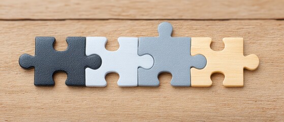 Colorful Puzzle Pieces Arranged on Wooden Background for Creative and Educational Concepts