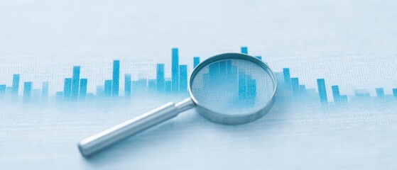 Magnifying Glass Over Blue Bar Graphs Showing Data Analysis Trends and Insights for Business Performance