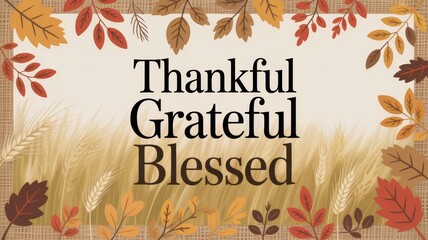 Thankful grateful blessed text with fall leaves and wheat on a beige background for thanksgiving card