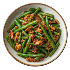 Stir-Fried Green Beans with Ground Meat in a Rustic Bowl Setting, Featuring Fresh Ingredients and Vibrant Colors on transparent background