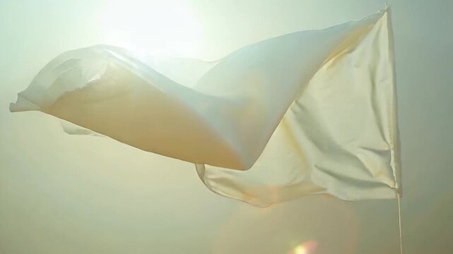 White flag waving in the wind against a bright sky.