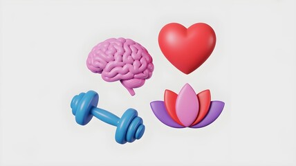 A set of 4 different 3D icons representing pillars of wellness a brain (mental), a heart (emotional), a dumbbell (physical), and a lotus (spiritual).