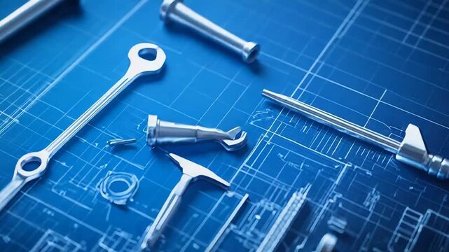 Engineering blueprint with construction tools and equipment