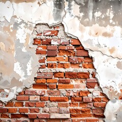 Cracked plaster wall revealing brick