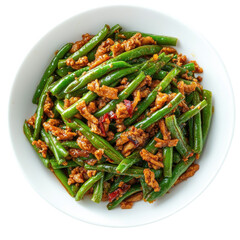 Stir-Fried Green Beans with Pork: A Flavorful Asian Dish in a White Bowl on transparent background