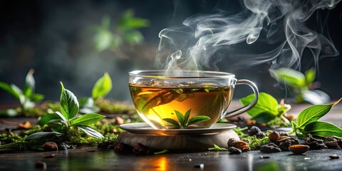 Tea leaves submerged in steaming water, releasing aromatic oils and flavors , hot water, nature,  hot water, nature, leaves, tea