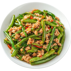 Stir-Fried Green Beans with Ground Meat in a White Bowl, Colorful and Flavorful Asian Dish on transparent background