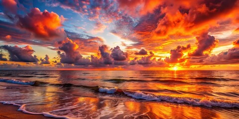 Clouds of crimson and amber suspended above a tranquil ocean at dawn, with gentle waves caressing the shore , morning
