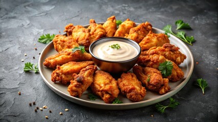 Fototapeta premium Crisp fried chicken wings piled high in the center of a plate on a rugged concrete table top, with a side of creamy dipping sauce nearby , savory, golden brown