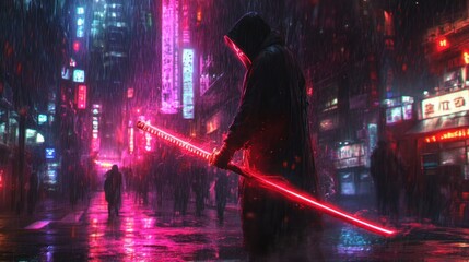 Person with illuminated sword in cyberpunk cityscape