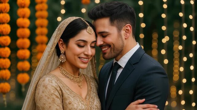 Elegant Couple Embraces at a Festive Event With String Lights and Floral Decorations in the Background, Highlighting Romance and Joy