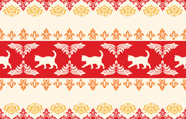 Vector seamless pattern with cat silhouettes and tribal geometric motifs. Monochrome design. Use this pattern for creating pet themed designs, textile prints, packaging, and more. Perfect for cat love