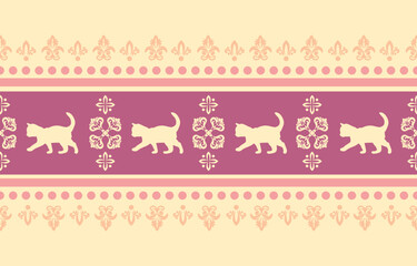 Fototapeta premium Vector seamless pattern with cat silhouettes and tribal geometric motifs. Monochrome design. Use this pattern for creating pet themed designs, textile prints, packaging, and more. Perfect for cat love