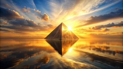 Pyramid at sunrise with water surface reflection, majestic triangular base, sunrise, golden light,  sunrise